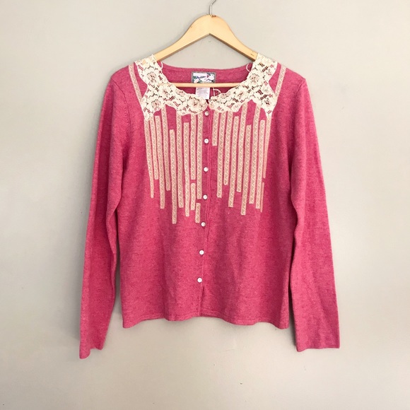 April Cornell Sweaters - Vintage April Cornell • Pink & Lace Cardigan